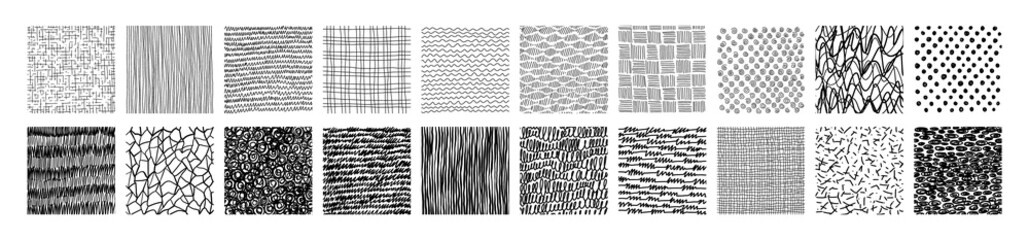 Set of abstract backgrounds  hand drawn textures.Simple doodle dots, spots,strokes, stripes,lines, square grid, wave.Vector illustration isolated on white.Template for social networks,posters, prints 