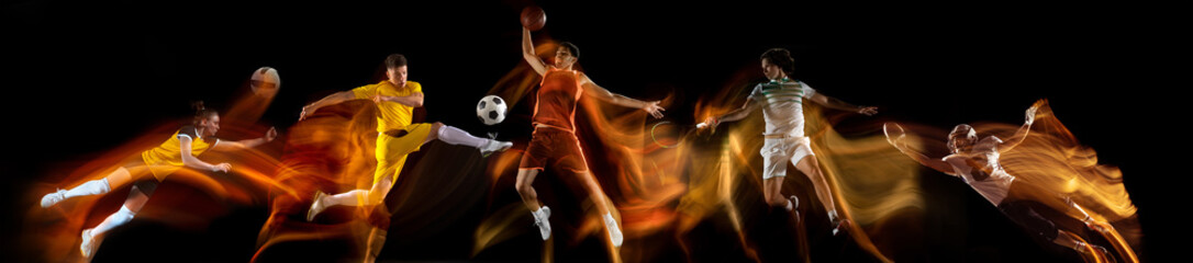 Sportsmen playing basketball, soccer, american footbal, volleyball on black background in mixed...