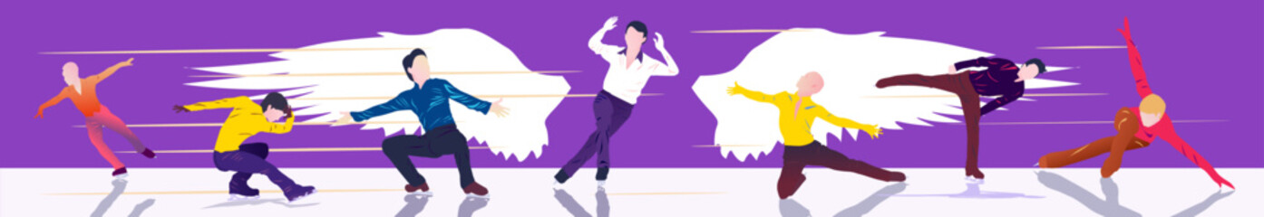 Cartoon illustration with faceless people skating on ice on abstract purple background - obrazy, fototapety, plakaty