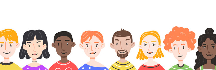 Banner with different people in cartoon cute style. Vector illustration with characters.