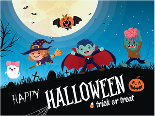 Vintage Halloween poster design with vector vampire, bat, zombie, witch, ghost character. 