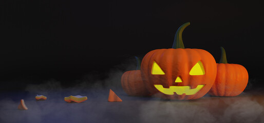 3d rendering. Jack's lamp made of orange pumpkin with a green tail for Halloween on a dark background.  and two more pumpkins with pieces.
