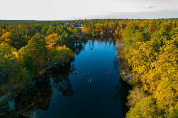 Aerial view of autumn park and river