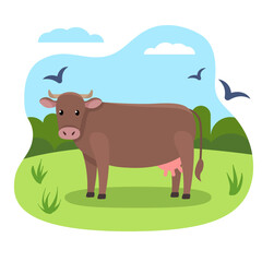 Vector illustrations of cow in simple cartoon style with the nature background with forest, sky, birds and flowers.