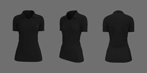 Women's collared t-shirt mockup, front, side and back views, design presentation for print, 3d illustration, 3d rendering