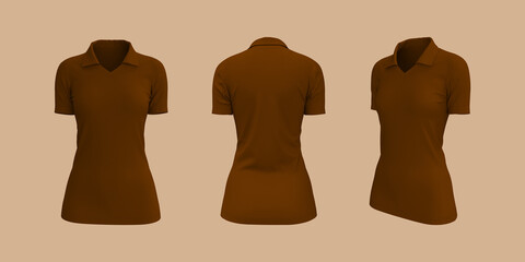 Women's collared t-shirt mockup, front, side and back views, design presentation for print, 3d illustration, 3d rendering