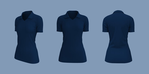 Women's collared t-shirt mockup, front, side and back views, design presentation for print, 3d illustration, 3d rendering