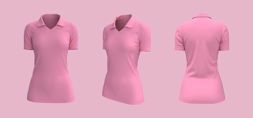 Women's collared t-shirt mockup, front, side and back views, design presentation for print, 3d illustration, 3d rendering