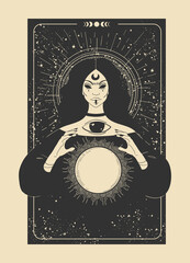 Mystical tarot card with a fortuneteller and a magic ball. Witch on a black background with stars. Vintage vector poster, hand drawn card. - obrazy, fototapety, plakaty