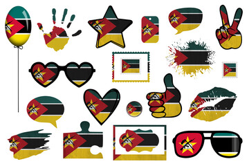 All world countries A-Z. Full scrapbook kit in colors of national flag. Elements on white background. Mozambique - obrazy, fototapety, plakaty
