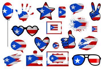 All world countries A-Z. Full scrapbook kit in colors of national flag. Elements on white background. Puerto Rico