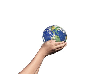 Earth, globe in hand isolated on white background. Elements of this image furnished by NASA