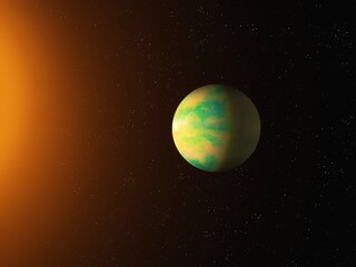 Planet near the sun. Dawn on an alien planet. Travel to another star system 3d rendering. 