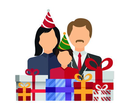 Multigenerational Family. New Year Concept. Christmas New Year Gifts. Editable Vector, Graphic, Banner.
