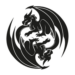 Dragons entwined in a circle - Dragon symbol, black and white illustration vector