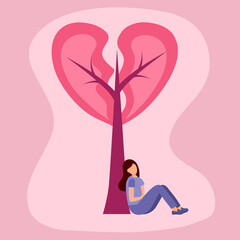 Broken heart concept vector illustration. Sad woman sitting under broken heart tree. Grief and painful heart.