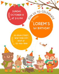 Obraz na płótnie Canvas Cute woodland cartoon animals illustration with big balloons for kids party invitation card template.