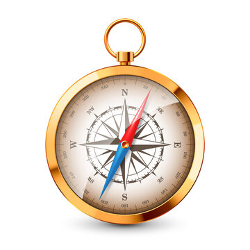 Realistic golden vintage compass with marine wind rose and cardinal directions of North, East, South, West. Shiny metal navigational compass. Cartography and navigation. Vector illustration.