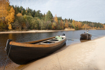 amazing beautiful landscape day blue water lake boat north country russia onega karelia