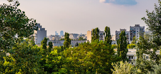 Panoramic view of Ursynow and Środmiescie downtown district with intensive residential developments near Las Kabacki Forest in Warsaw in central Poland