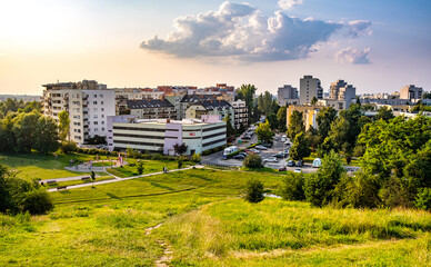 Panoramic view of Kabaty and Ursynow district with intensive residential developments seen from Gorka Kazurka hill in Warsaw in central Poland