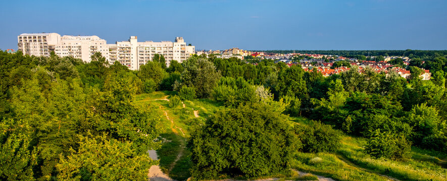 Panoramic view of Kabaty and Ursynow district with intensive residential developments near Las Kabacki Forest in Warsaw in central Poland