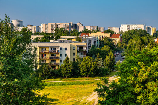 Panoramic view of Kabaty and Ursynow district with intensive residential developments near Las Kabacki Forest in Warsaw in central Poland