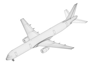 Passenger airplane wireframe isolated on white background. Isometric view. 3D. Vector illustration