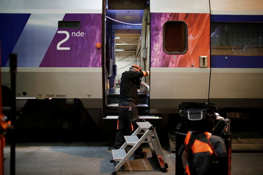 Refit and maintenance work on a passenger train used on the TGV Atlantique line of the SNCF network at the Technicentre workshop in Rennes