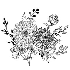 One black outline flower, branch and leaves.Isolated on white background.Hand drawn.For floral design, cosmetic products,greeting card,invitations,coloring book. Vector stock illustration.