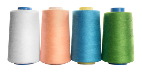 Set of colorful sewing threads on white background