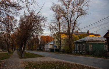Autumn landscape in the old town. Street in the historic center of Rostov.