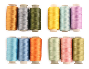 Set of colorful sewing threads on white background, top view