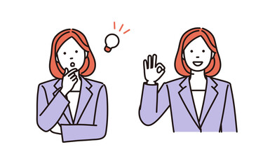 ひらめいている　または　OKサインをするビジネスウーマンのシンプルイラスト　2ポーズセット