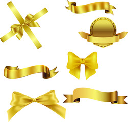 Set of decorative golden bows with gold ribbon isolated on white background. Vector illustration.