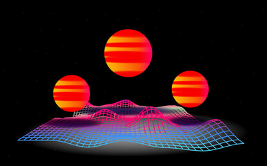 Bright retro orange blue background cyberpunk futuristic landscape, vintage, style with planets and grid.