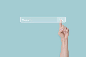 Searching Browsing concept. Hand click search page internet data information networking. copy space.
