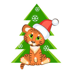 Happy Chinese New Year, symbol of 2022. Little tiger in Santa hat and Christmas Tree.