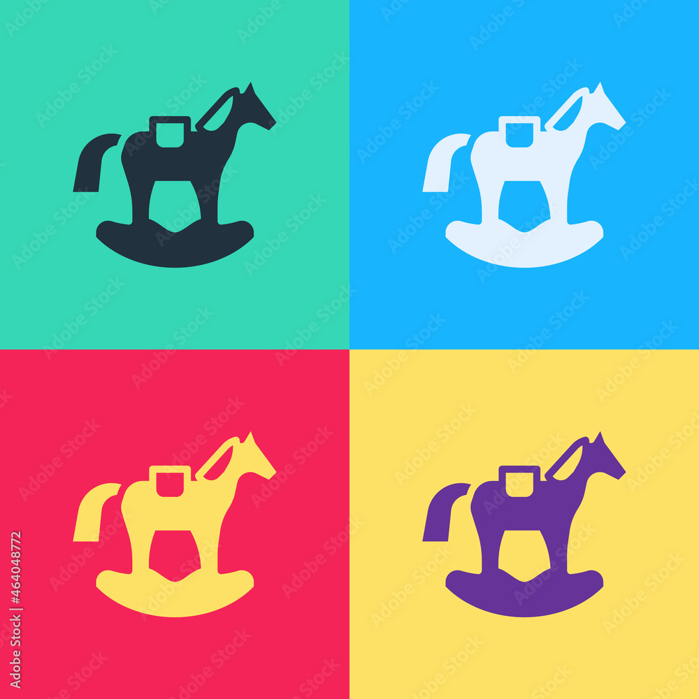 Wall mural pop art wooden horse in saddle swing for little children icon isolated on color background. vector