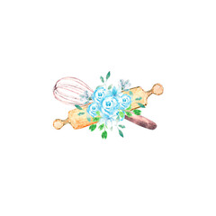 Watercolor illustration. Logo design, pictures for the pastry chef. Corolla with rolling pin and blue flowers