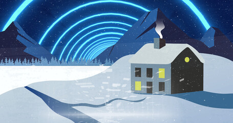Image of snow falling in winter landscape with aurora borealis and house