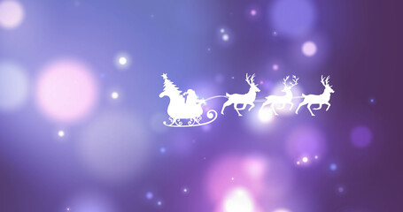 Obraz na płótnie Canvas Image of santa sleigh over lights on purple and pink background