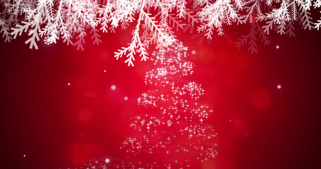 Snowflakes falling over shooting star forming a christmas tree against red background