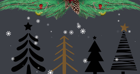 Image of fir tree with decorations over christmas trees and snow falling on black background