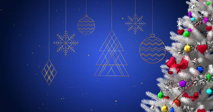 Image of christmas tree with decorations over baubles and snow falling on blue background