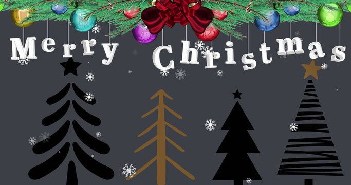 Image of fir tree with merry christmas text over snow falling and trees on black background