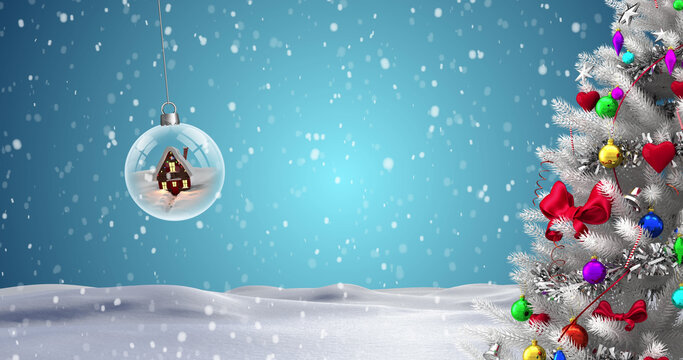 Image of christmas tree with decorations over bauble and snow falling on winter landscape