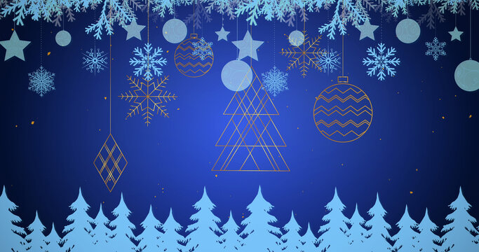 Image of baubles over snow falling and fir trees on blue background