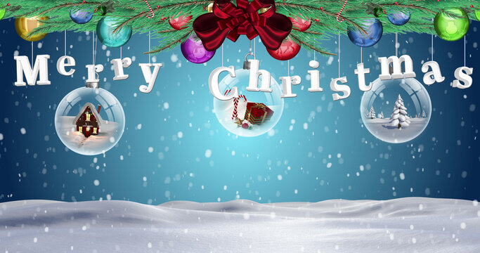 Merrry christmas text and hanging bauble decorations against snow falling over winter landscape