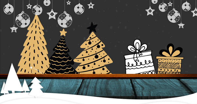 Image of snow falling over christmas trees and presents on black background